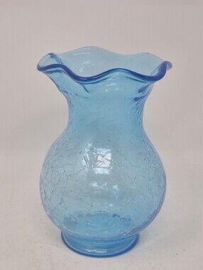Blue Crackle Glass Vase With Ruffled Edge